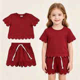 GSSO3778 Maroon Solid Color Cotton Scallop Edge Girls Shorts Set