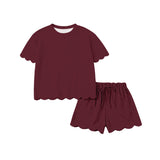 Preorder Samples GSSO3778 Maroon Solid Color Cotton Scallop Edge Girls Shorts Set