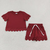 GSSO3778 Maroon Solid Color Cotton Scallop Edge Girls Shorts Set