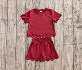 Preorder Samples GSSO3778 Maroon Solid Color Cotton Scallop Edge Girls Shorts Set