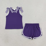 RTS GSSO3814 Solid Color Purple Plaid Bows Girls Shorts Set