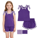 RTS GSSO3814 Solid Color Purple Plaid Bows Girls Shorts Set