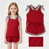 GSSO3820 Solid Color Red Grey Bows Girls Shorts Set