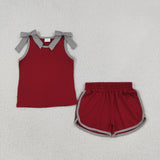 GSSO3820 Solid Color Red Grey Bows Girls Shorts Set