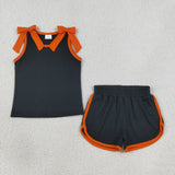 GSSO3822 Solid Color Black Orange Bows Girls Shorts Set