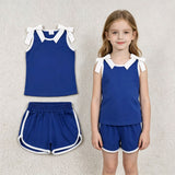 GSSO3824 Solid Color Blue White Bows Girls Shorts Set