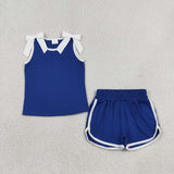 GSSO3824 Solid Color Blue White Bows Girls Shorts Set