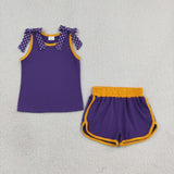 GSSO3826 Solid Color Purple Dots Bows Girls Shorts Set