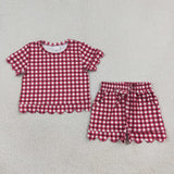 GSSO3837 Red Plaid Scallop Edge Girls Shorts Set