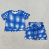 GSSO3837 Blue Plaid Scallop Edge Girls Shorts Set