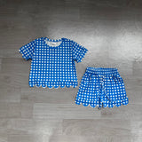 Preorder Samples GSSO3837 Blue Plaid Scallop Edge Girls Shorts Set