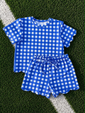 Preorder Samples GSSO3837 Blue Plaid Scallop Edge Girls Shorts Set