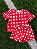 Preorder Samples GSSO3838 Red Plaid Scallop Edge Girls Shorts Set