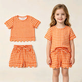 GSSO3839 Orange Plaid Scallop Edge Girls Shorts Set