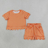 GSSO3839 Orange Plaid Scallop Edge Girls Shorts Set