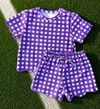Preorder Samples GSSO3841 Purple Plaid Scallop Edge Girls Shorts Set