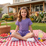 GSSO3841 Purple Plaid Scallop Edge Girls Shorts Set