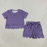 GSSO3841 Purple Plaid Scallop Edge Girls Shorts Set