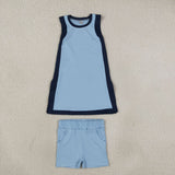 GSSO3847 Solid Color Blue Color Yoga Girl's Dress Shorts Set
