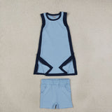 GSSO3847 Solid Color Blue Color Yoga Girl's Dress Shorts Set