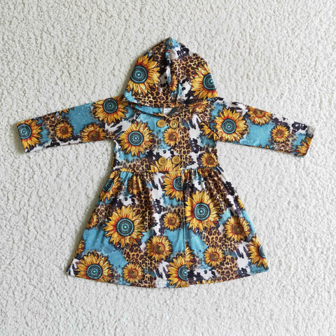 SALE GT0028 Sunflower Leopard Buttons Hoodie Girl's Dress