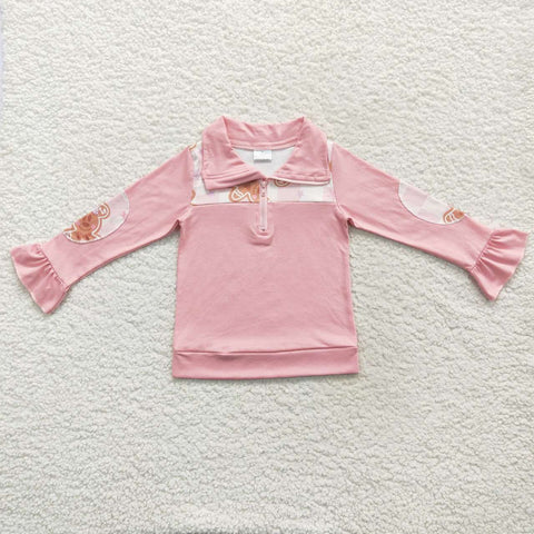 GT0218 Christmas Gingerbread Pink Plaid Zipper Pullover Girl's Shirt Top