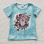 GT0238 Western Skull Bull Flower Girl Shirt Top