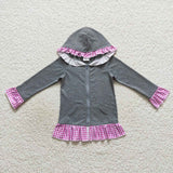 GT0260 Grey Pink Plaid Zip Girl's Coat