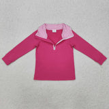 GT0276 Pink Plaid Zipper Pullover Shirt Top