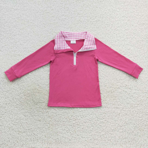 GT0276 Pink Plaid Zipper Pullover Shirt Top