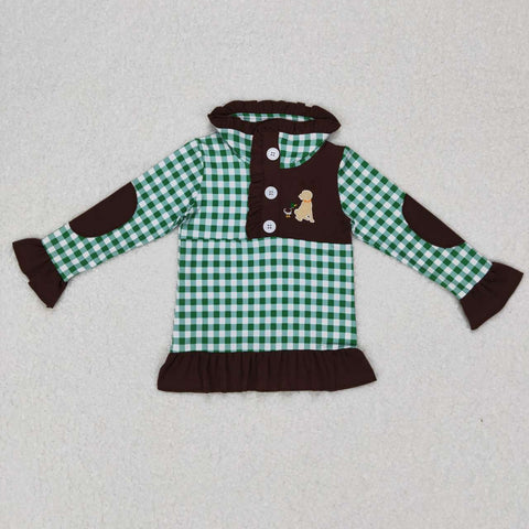 GT0284 Embroidery Mallard Green Plaid Zipper Pullover Girl Shirt Top