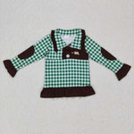 GT0284 Embroidery Mallard Green Plaid Zipper Pullover Girl Shirt Top