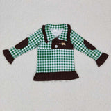 GT0284 Embroidery Mallard Green Plaid Zipper Pullover Girl Shirt Top