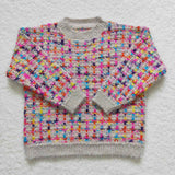 Fashion Colorful Plaid Winter Knit Sweater Tassel Jeans Denim Pants Girl's Set