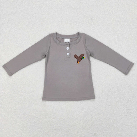 GT0353 Embroidery Hunting Mallard Cotton Grey Buttons Boy Shirt Top