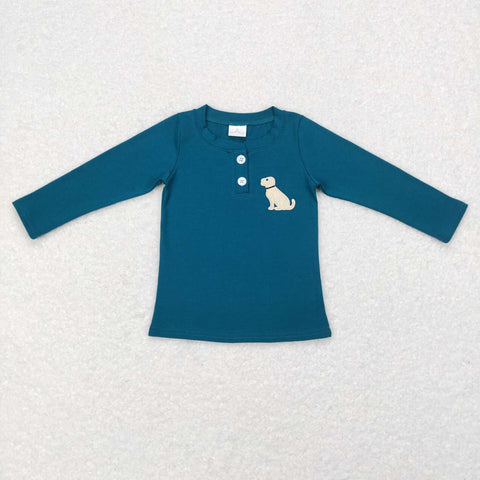 GT0354 Embroidery Hunting Dog Cotton Green Buttons Boy Shirt Top