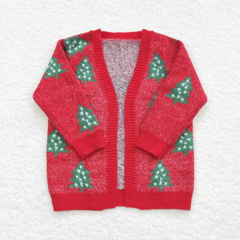 GT0356 Christmas Trees Red Knit Sweater Cardigan Girl's Coat