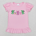 GT0391 Embroidery Easter Bunny Egg Pink Shirt Top Girl