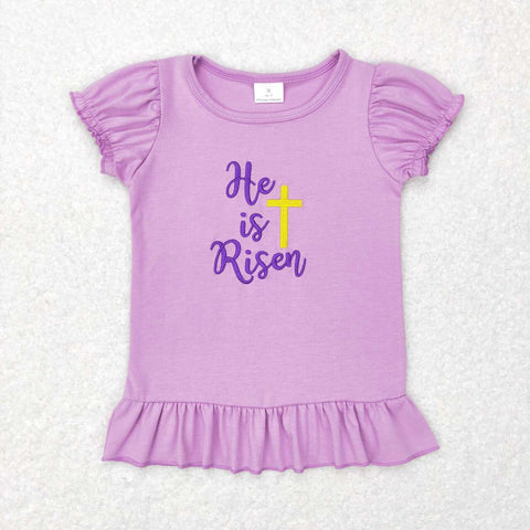 GT0393 Embroidery Easter He is risen Purple Shirt Top Girl