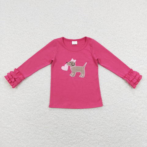 GT0409 Embroidery Valentine's Day Dog Pink Cute Kids Shirt Top