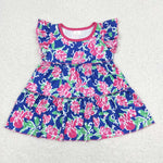 GT0473 Flower Blue Pink Ruffles Girl Kids Shirt Tunic Top