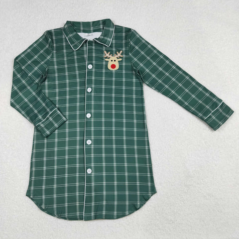 GT0621 Embroidery Christmas Elk Green Plaid Sleep weer Adult's Shirt Top