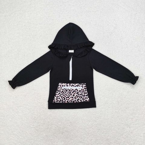 GT0624 Black Leopard Ruffles Zip Hoodie Kids Pullover Top