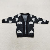 GT0649 Halloween Ghost Black Knit Sweater Cardigan Girl's Coat