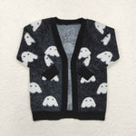 GT0649 Halloween Ghost Black Knit Sweater Cardigan Girl's Coat