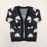 GT0649 Halloween Ghost Black Knit Sweater Cardigan Girl's Coat