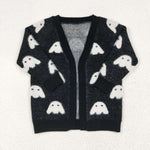 GT0649 Halloween Ghost Black Knit Sweater Cardigan Girl's Coat