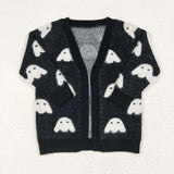GT0649 Halloween Ghost Black Knit Sweater Cardigan Girl's Coat
