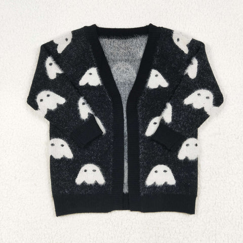 GT0649 Halloween Ghost Black Knit Sweater Cardigan Girl's Coat