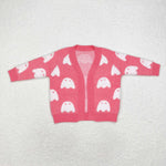 GT0650 Halloween Ghost Pink Knit Sweater Cardigan Girl's Coat